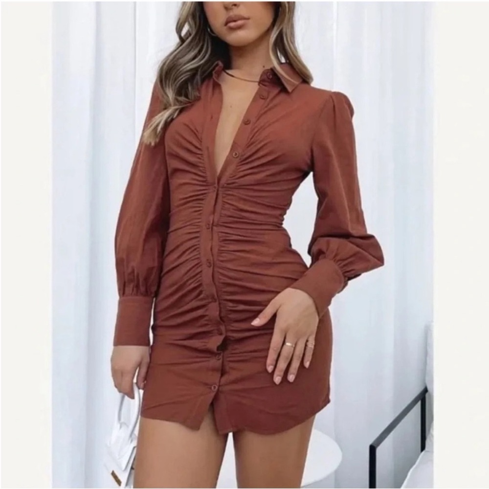 White Fox Boutique not so subtle mini dress buttoned dip dyed brown western S